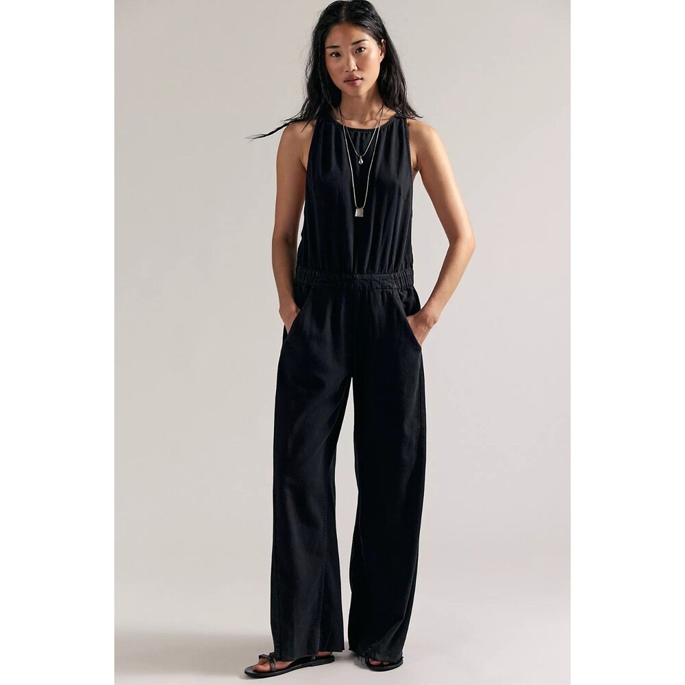 Free People We The Free Margo Jumpsuit Wide Leg Cotton Denim Black S 291186
